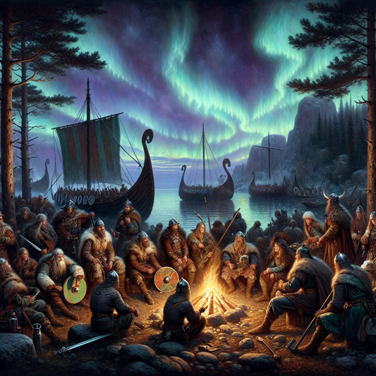 Viking warriors gathered around a campfire near a shore with docked longships under a twilight sky lit by northern lights, wearing jewelry with glowing silver and gold accents.