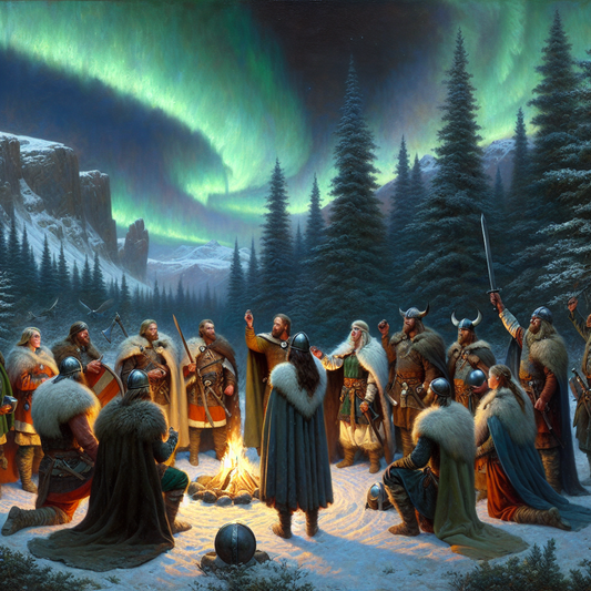 Viking warriors in fur cloaks swear loyalty around a roaring campfire at night under the northern lights in a dramatic cinematic style.