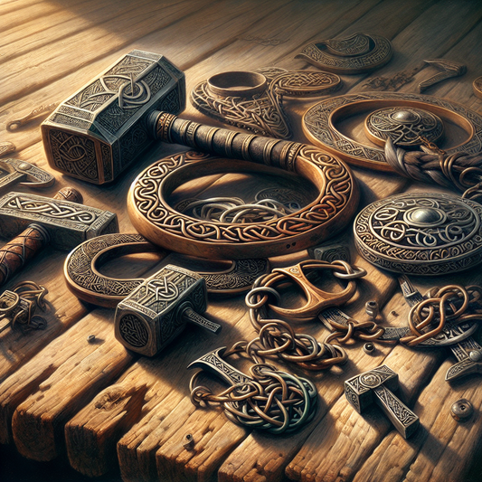 Close-up of authentic Viking women's jewelry featuring Thor's hammer and runic symbols on a rustic wooden background, inspired by 1960s historical epic painting style.