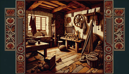 Fragment of a Viking house interior in stone relief style with dark red lines on light stony background