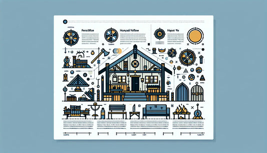 Viking house interior with traditional nordic design and authentic viking artifacts in minimalist vector style on white background with calm layout