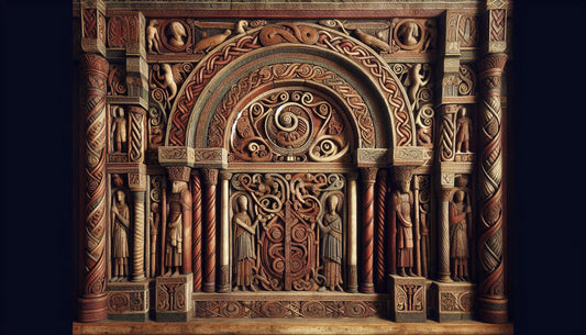 Fragment of Viking wood carving with mythological motifs in dark red on light stone background