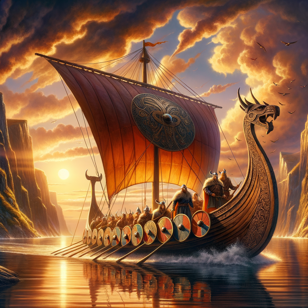 A majestic Viking longboat with carved dragon heads sailing through a scenic fjord at sunset, capturing the grandeur and exploration spirit of Norse maritime history.