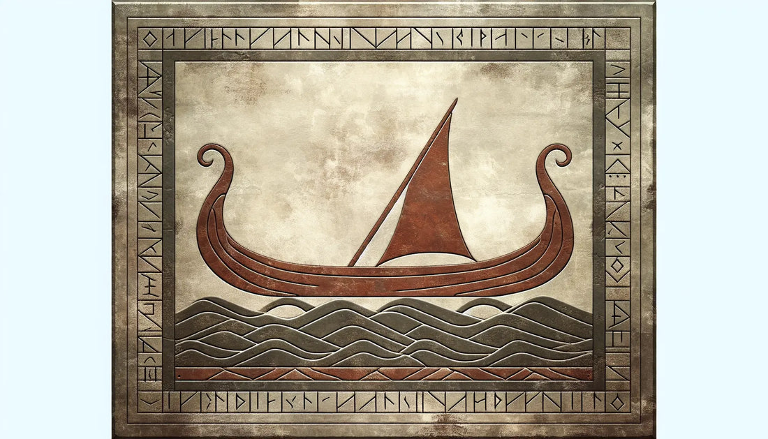 Fragment of carved Viking longship in dark red on pale stone background in antique relief style