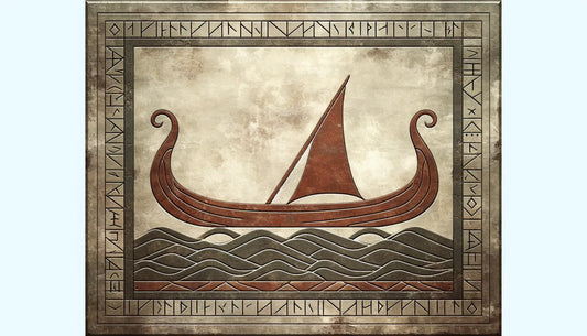 Fragment of carved Viking longship in dark red on pale stone background in antique relief style