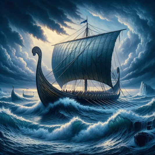 Viking longship on stormy sea with detailed wooden construction and sails, under a dramatic Nordic sky.