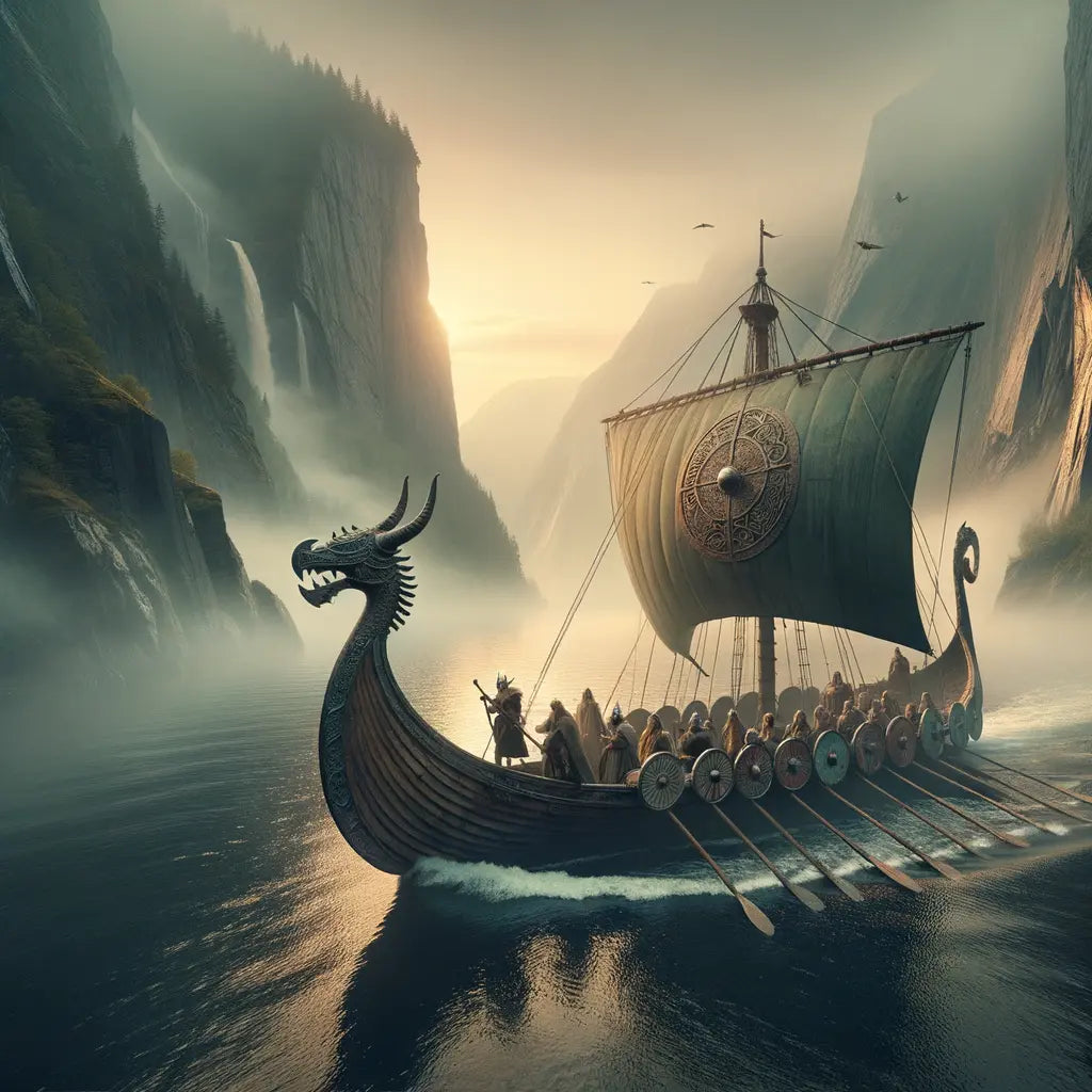 Viking longship gliding through misty fjord at dawn, invoking exploration and Norse heritage in a classic cinematic style.