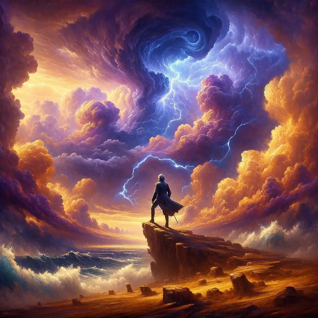Nietzsche standing on a rocky ledge under a dramatic thunderstorm sky, representing his passion and philosophical intensity in the style of classic 1960s historical films.