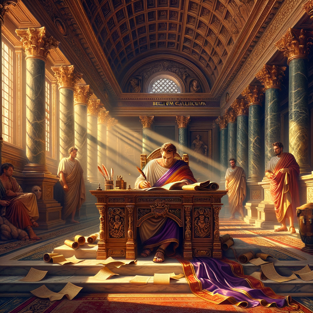 Julius Caesar writing 'Bellum Gallicum' in a Roman atrium, surrounded by scrolls and quills, in the style of 1960s historical films.
