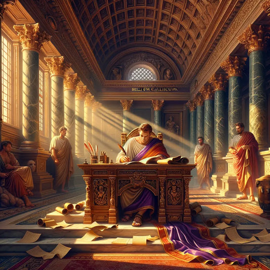 Julius Caesar writing 'Bellum Gallicum' in a Roman atrium, surrounded by scrolls and quills, in the style of 1960s historical films.