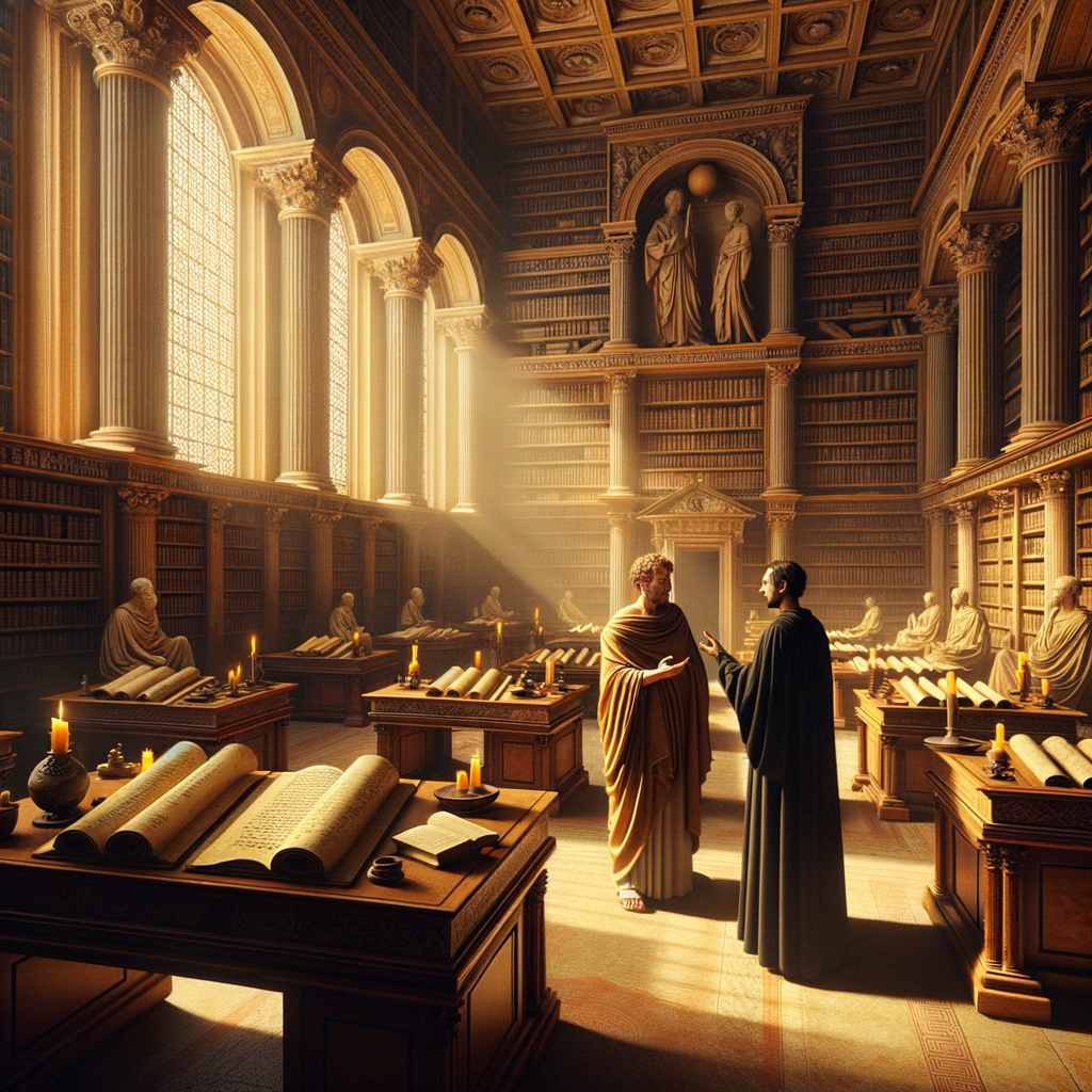 A classical study room with Greek and Christian texts, featuring a philosopher and a Christian scholar comparing Stoic and Pauline teachings, styled after 1960s historical films.
