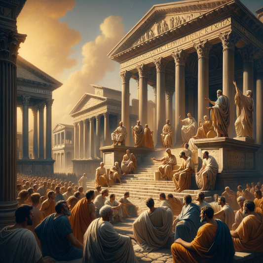 Roman philosophers in animated discussion in a grand forum, reflecting Roman culture and Stoic ideology, inspired by 1960s epic films.