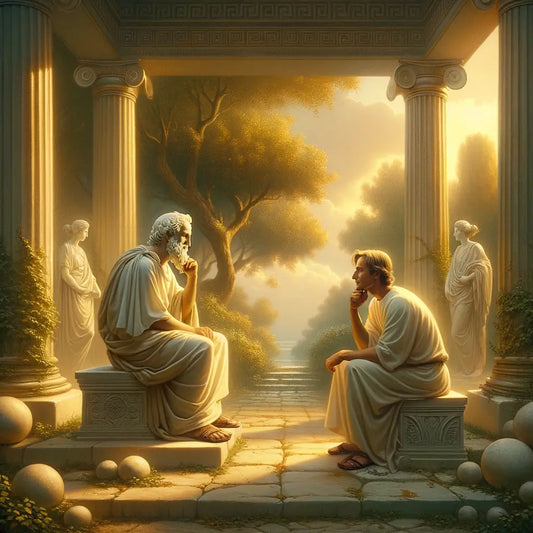 Albert Einstein in a suit and Socrates in a toga engaged in discussion in a serene setting, blending ancient and modern worlds.