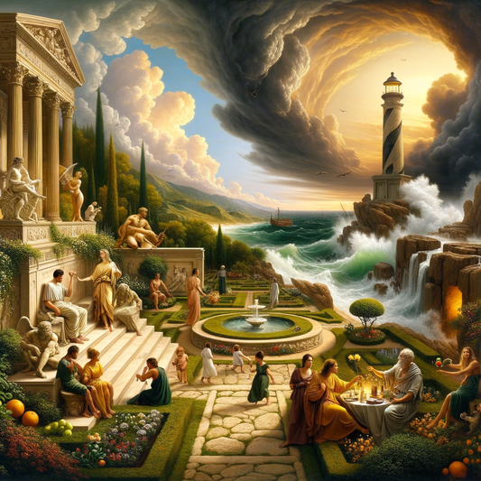 A serene Roman garden symbolizing Epicurean pleasure, contrasted with a stoic lighthouse amidst stormy seas in 1960s historical epic film style.