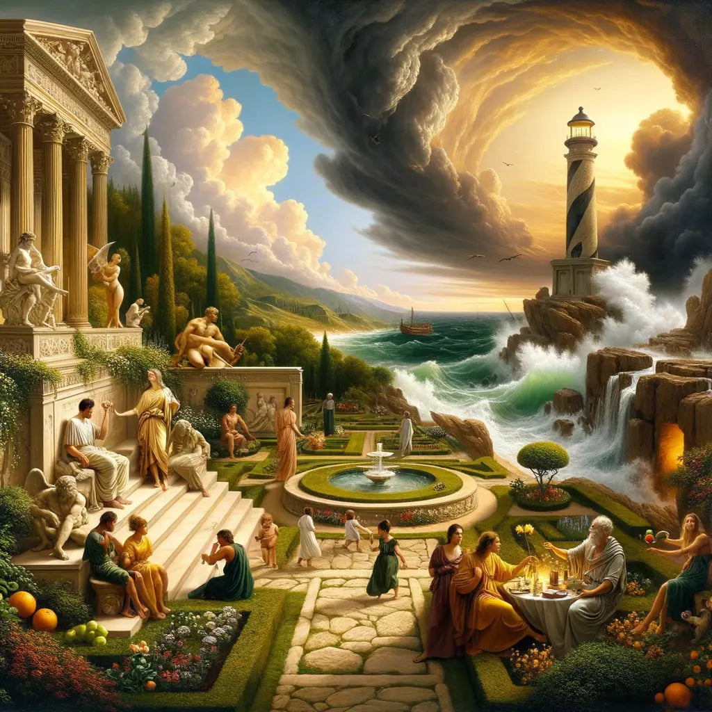 A serene Roman garden symbolizing Epicurean pleasure, contrasted with a stoic lighthouse amidst stormy seas in 1960s historical epic film style.