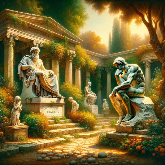 Ancient Greek garden featuring statues of Epicurus and a Stoic philosopher, illustrating the philosophical duality, styled akin to a 1960s historical epic film.