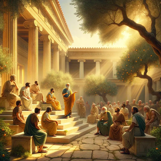 Ancient Greek philosophers, including Epicurus and Epictetus, in deep discussion in a villa garden, in a style inspired by classic 1960s historical films.