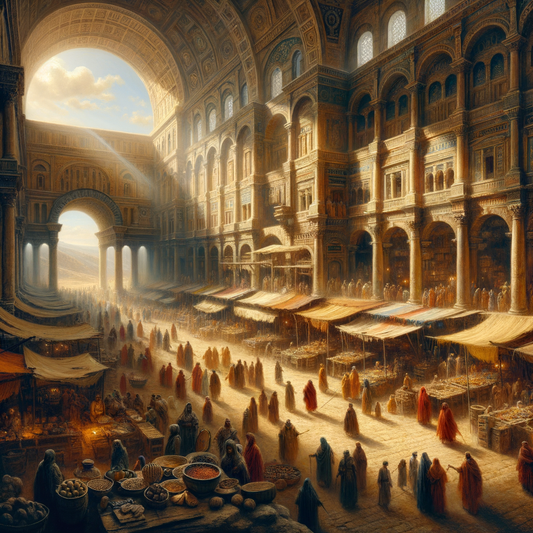 Bustling Roman marketplace in Jerusalem with Roman soldiers, traders, and Judeans, inspired by 1960s historical epics.