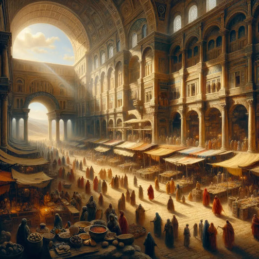 Bustling Roman marketplace in Jerusalem with Roman soldiers, traders, and Judeans, inspired by 1960s historical epics.