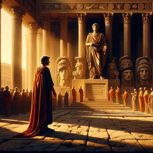 Julius Caesar stands thoughtfully amidst Roman columns, embodying Epicureanism and Stoicism, in a scene inspired by 1960s Roman epics.