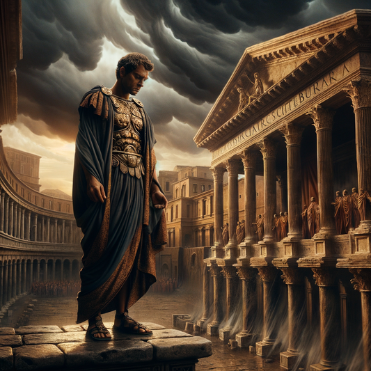 Ancient Roman emperor in deep contemplation under a dramatic sky with storm clouds, reminiscent of 1960s historical films.