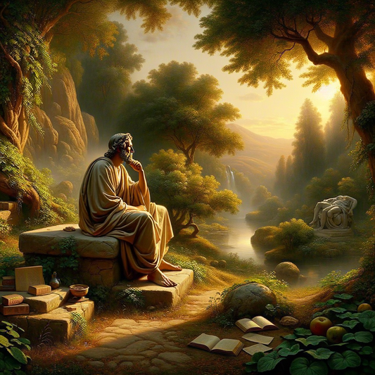 Seneca, in a serene Roman garden, engages in thoughtful contemplation amidst nature, inspired by 1960s epic film style.