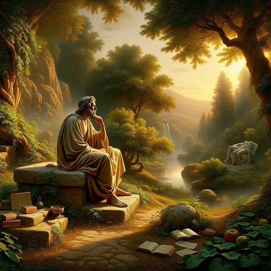 Seneca, in a serene Roman garden, engages in thoughtful contemplation amidst nature, inspired by 1960s epic film style.