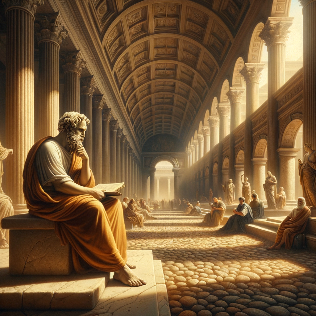 Seneca the Younger sits thoughtfully among grand Roman architecture with scrolls, in a painting inspired by 1960s historical epics.