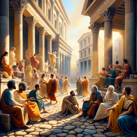 Philosophers in togas debating on an ancient Roman street, against a backdrop of grand columns and sunlight, inspired by 1960s historical epics.
