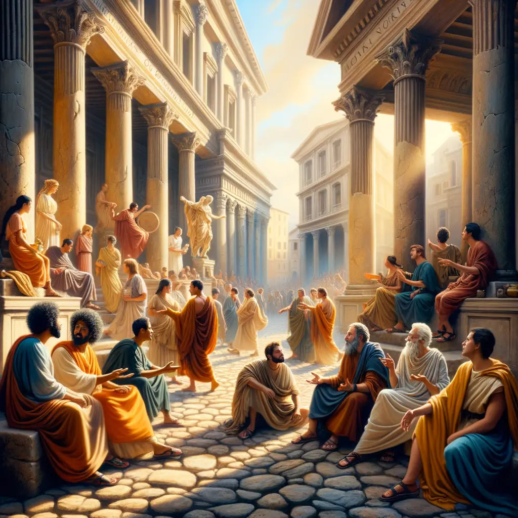 Philosophers in togas debating on an ancient Roman street, against a backdrop of grand columns and sunlight, inspired by 1960s historical epics.