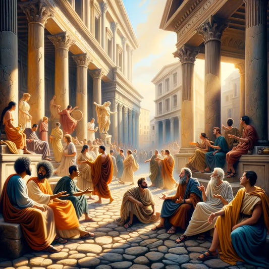 Philosophers in togas debating on an ancient Roman street, against a backdrop of grand columns and sunlight, inspired by 1960s historical epics.