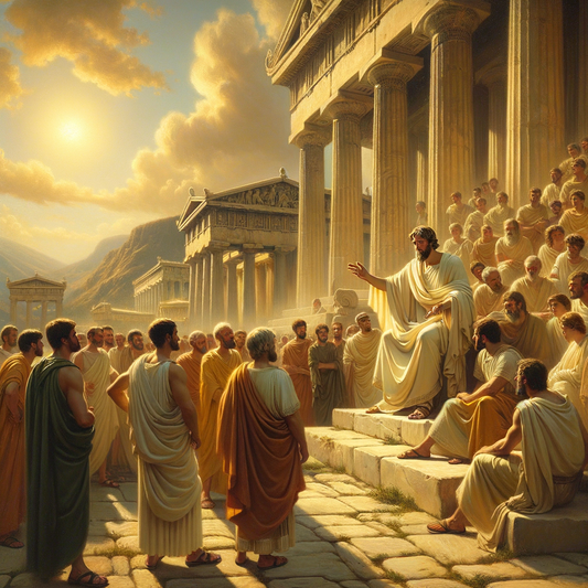 An ancient Greek philosopher in animated debate, symbolizing Socratic and Stoic philosophies in a classical marketplace, styled after 1960s historical epics.