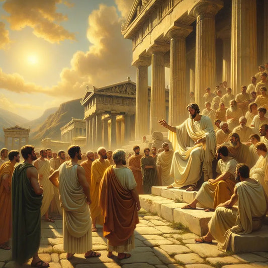 An ancient Greek philosopher in animated debate, symbolizing Socratic and Stoic philosophies in a classical marketplace, styled after 1960s historical epics.