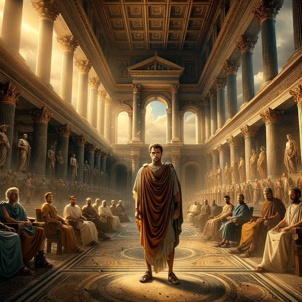 A Roman leader, reminiscent of Churchill’s determination, addresses senators in the grand Roman Senate, capturing a scene of stoic leadership and resilience.