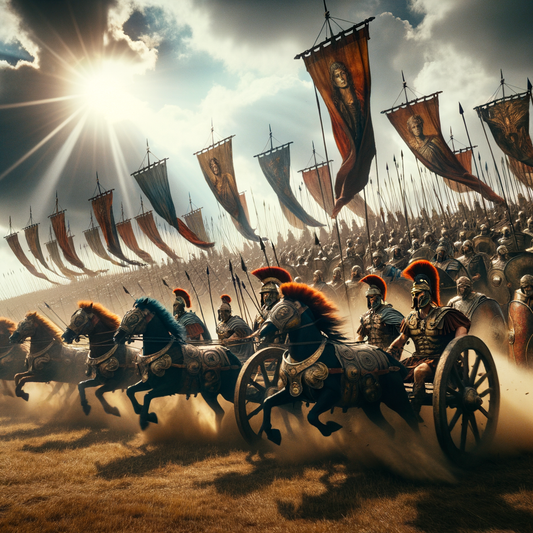 A dramatic portrayal of a Roman military engagement, complete with soldiers, chariots, and the chaos of battle.