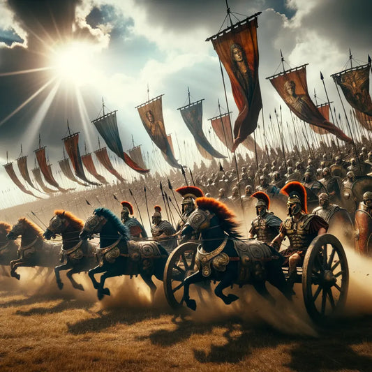 A dramatic portrayal of a Roman military engagement, complete with soldiers, chariots, and the chaos of battle.