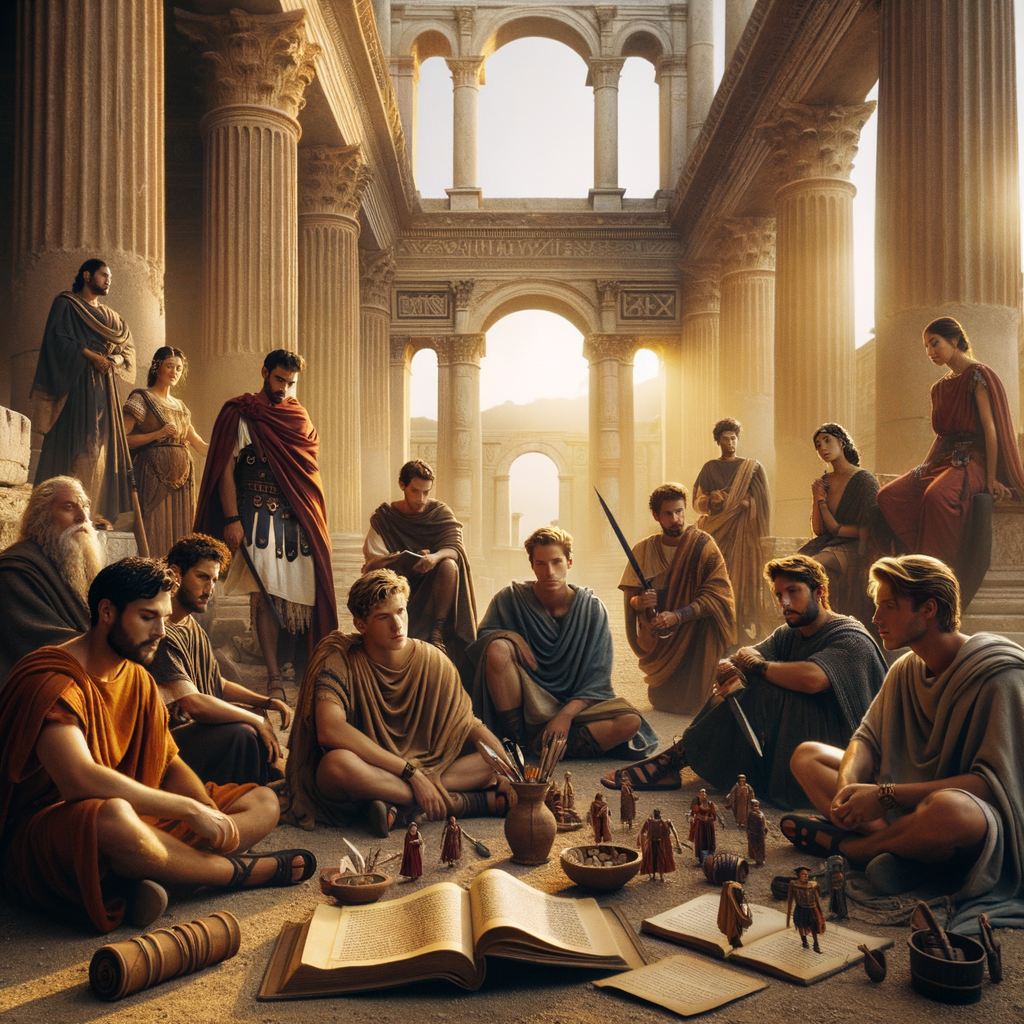 Young Romans engaging in various dynamic activities surrounded by ancient columns and grand architecture, reminiscent of 1960s historical film style.