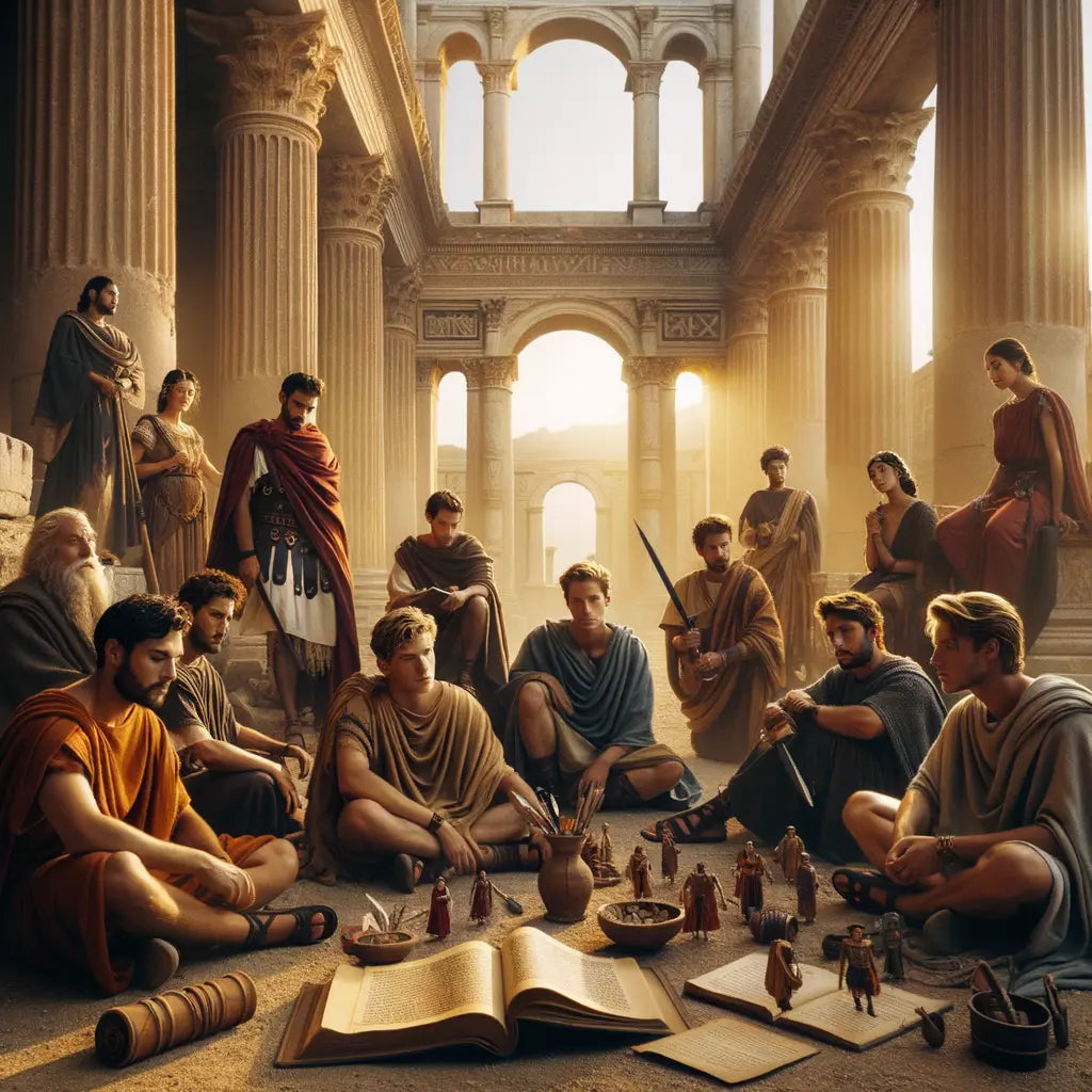 Young Romans engaging in various dynamic activities surrounded by ancient columns and grand architecture, reminiscent of 1960s historical film style.