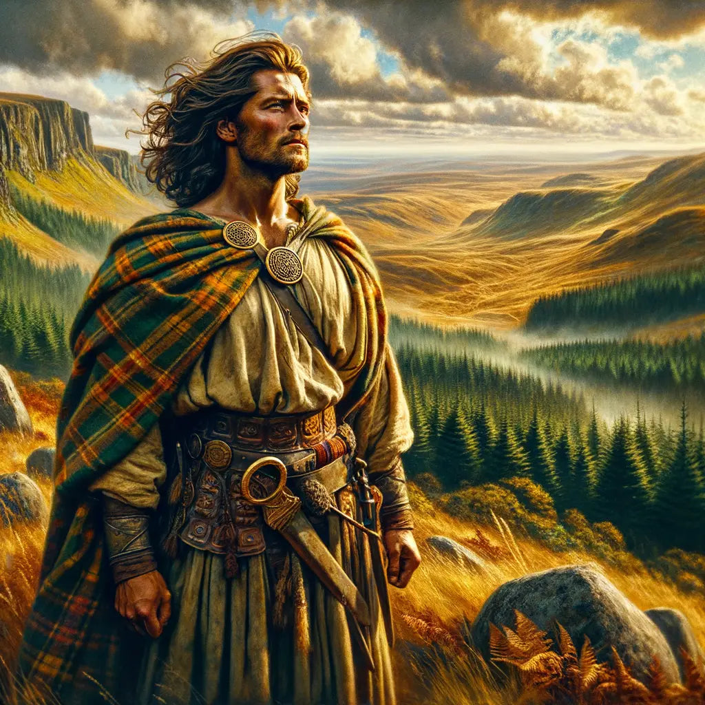 A rugged Gallic warrior in Celtic attire stands boldly amidst a natural landscape, evocative of classic 1960s historical films.