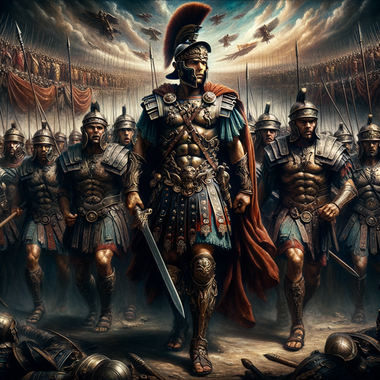 A Roman general inspiring his soldiers before a fierce battle in an epic historical scene.