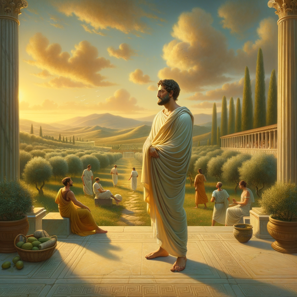 Roman philosopher standing tranquil in a classical villa's courtyard, representing Stoic inner peace in the style of 1960s historical epics.