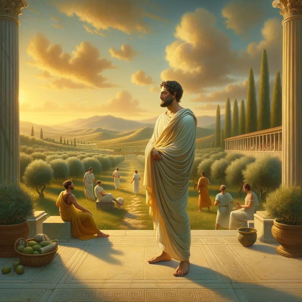Roman philosopher standing tranquil in a classical villa's courtyard, representing Stoic inner peace in the style of 1960s historical epics.