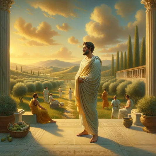 Roman philosopher standing tranquil in a classical villa's courtyard, representing Stoic inner peace in the style of 1960s historical epics.