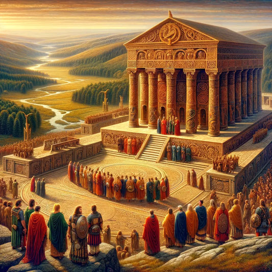 Roman and Celtic figures engage in dialogue amid a landscape merging Roman architecture with Celtic motifs, in a scene reminiscent of 1960s historical epics.