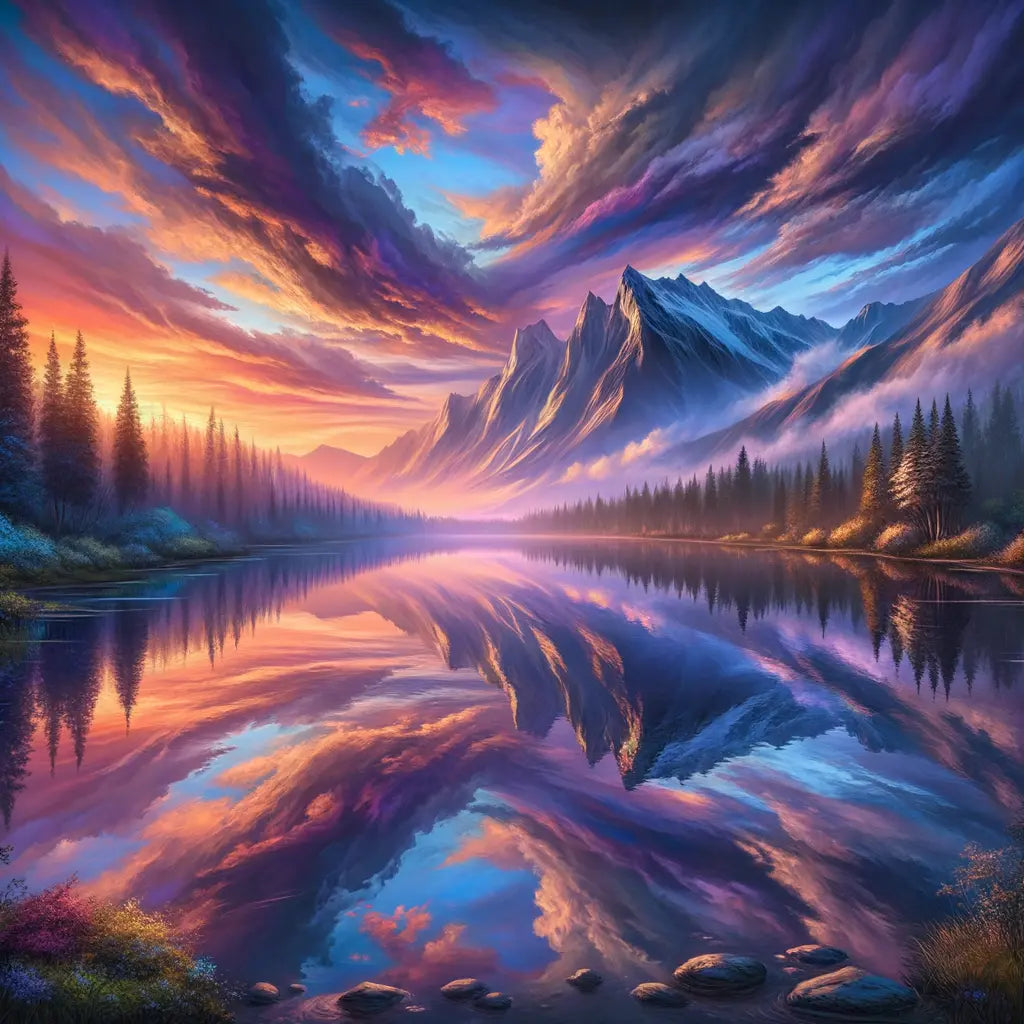 A tranquil lake surrounded by mountains during sunset, featuring vibrant orange and purple hues in the sky.