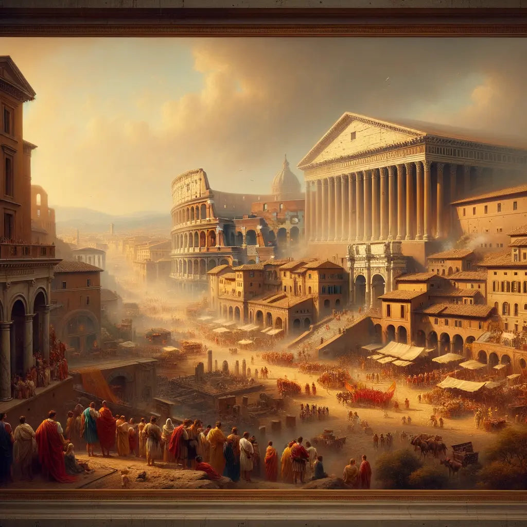 A cinematic painting of ancient Rome, featuring the Colosseum and Pantheon amidst bustling streets, inspired by 1960s historical epics.