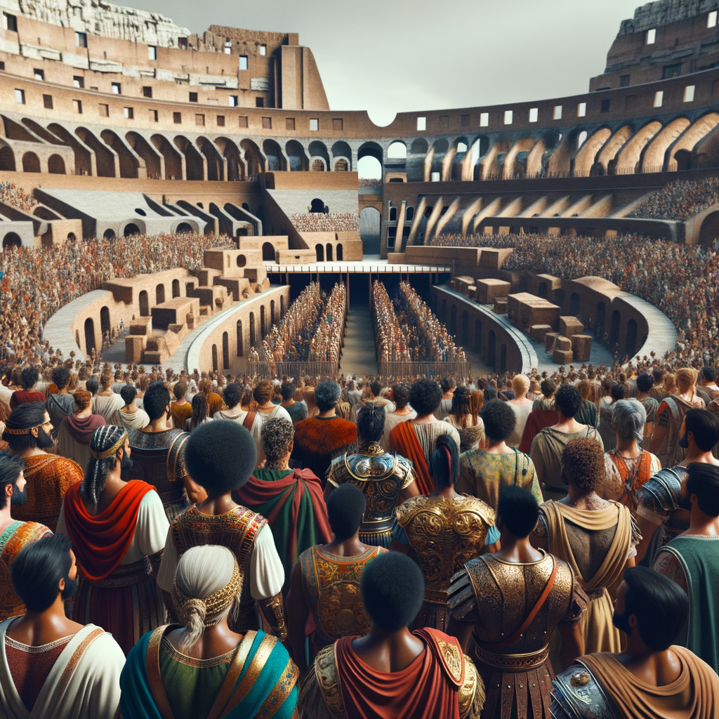 A detailed illustration of the Colosseum filled with spectators in ancient Rome.