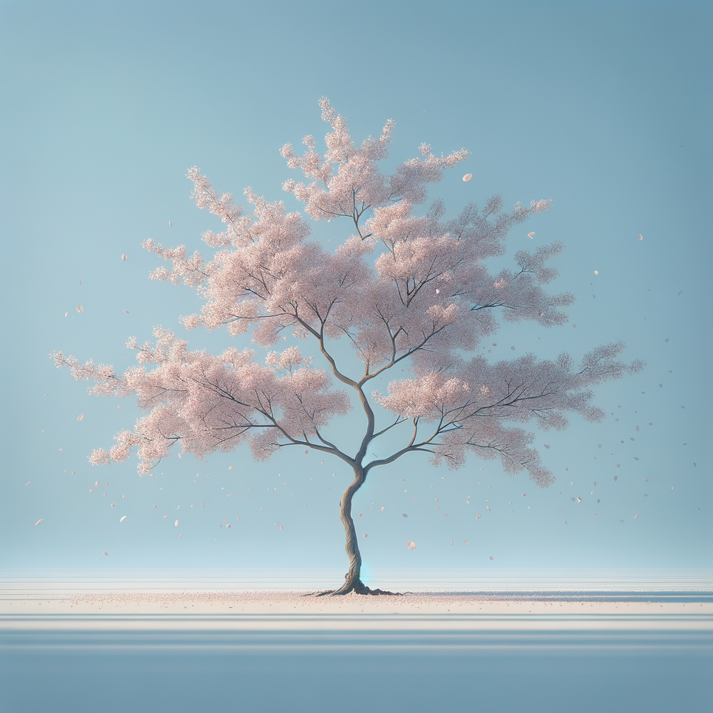 Ein zarter Kirschblütenbaum in voller Blüte unter klarem Frühlingshimmel, sanft fallende Blütenblätter — minimalistisch und beruhigend.