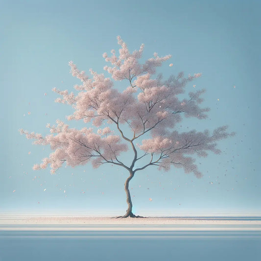 Ein zarter Kirschblütenbaum in voller Blüte unter klarem Frühlingshimmel, sanft fallende Blütenblätter — minimalistisch und beruhigend.