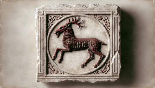 Relief eines Wendigo mit skelettartigen Merkmalen und Geweih auf hellem steinernen Hintergrund im antiken Stil
